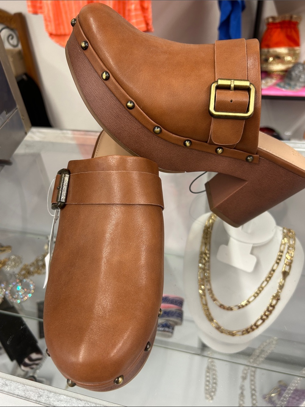 Time and Tru Brown Leather Studded Buckle Clogs